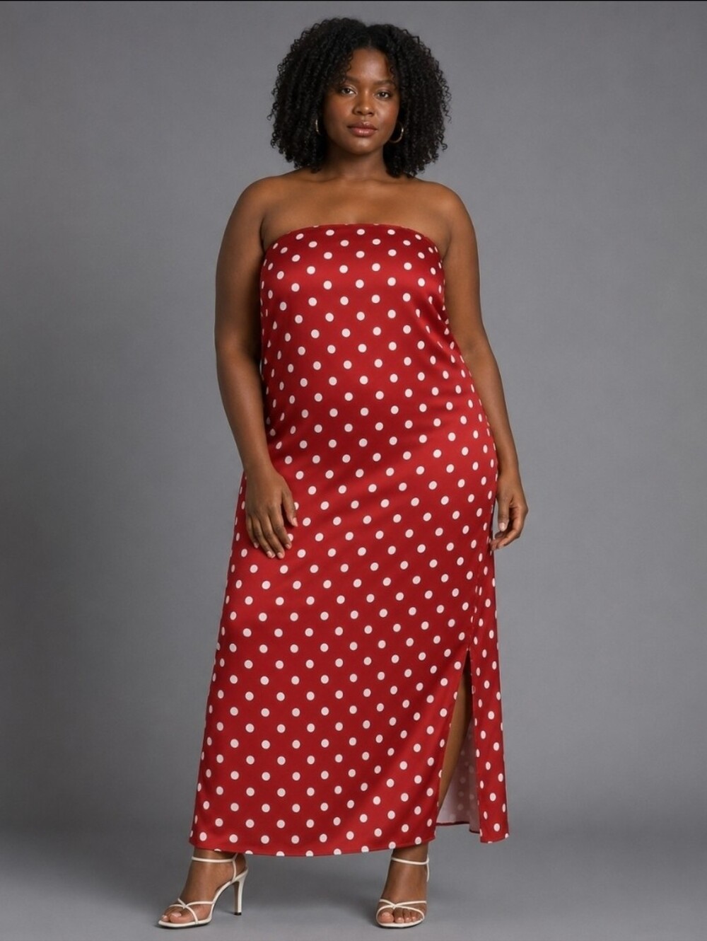 ELOQUII Satin Column Dress 16W Red Tube Dot Strapless Maxi Gown NWT Slit